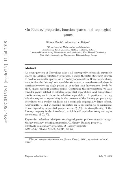 PDF On Ramsey Properties Function Spaces And Topological Games