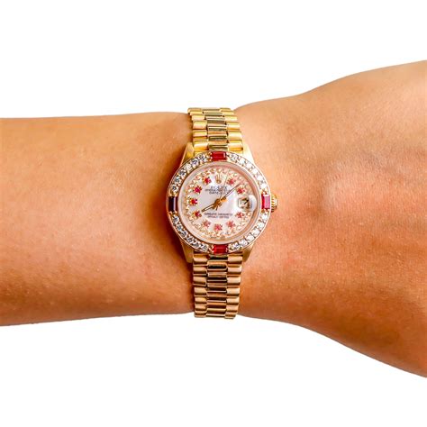 Rolex Ladies President 18 Karat Gold Ruby Watch Mother Of Pearl Diamond Dial For Sale At 1stdibs