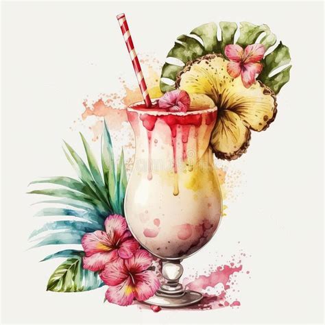 Pina Colada Cocktail Watercolor Clipart Isolated On White Background