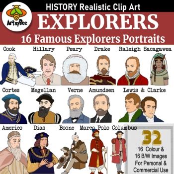 16 Famous Explorers History Clipart Set -color and Black and White (32 ...