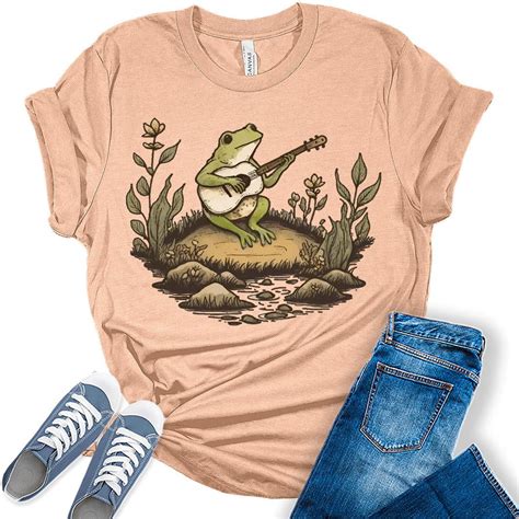 Frog Shirt Womens Cottagecore Shirts Cute Toad Playing Banjo Clothes