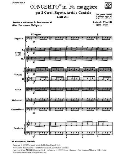 Concerto In Fa Maggiore RV 135 F XII N 46 Tomo 363 Full Score Sheet