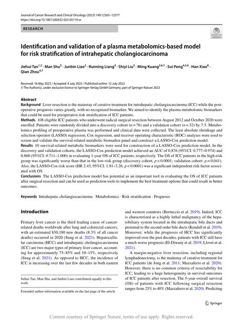 Identification And Validation Of A Plasma Metabolomics Based Model For