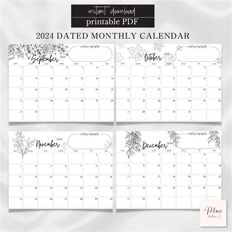 Dated Printable Calendar Monthly Planner Floral Etsy