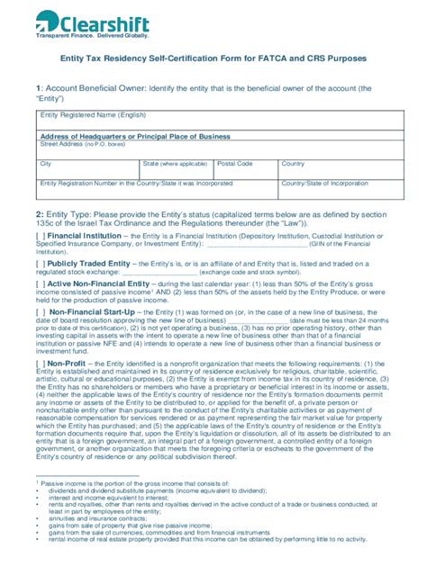 Fillable Online Entity Tax Residency Self Certification Form For Fatca