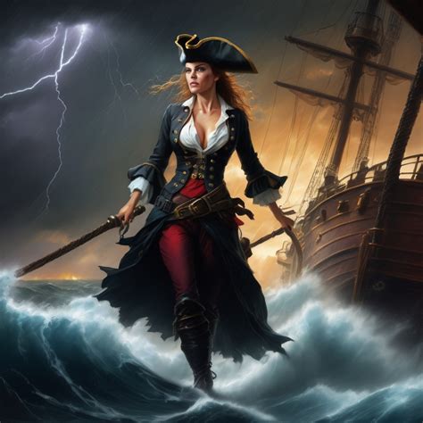 Woman Pirate On A Ship Deck In A Storm Realistic Oi