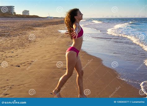 Bikini Girl Running To The Beach Shore Water Stock Image Image Of