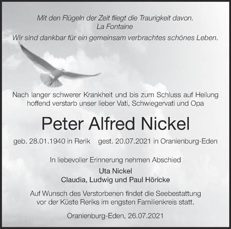 Traueranzeigen von Peter Alfred Nickel Märkische Onlinezeitung