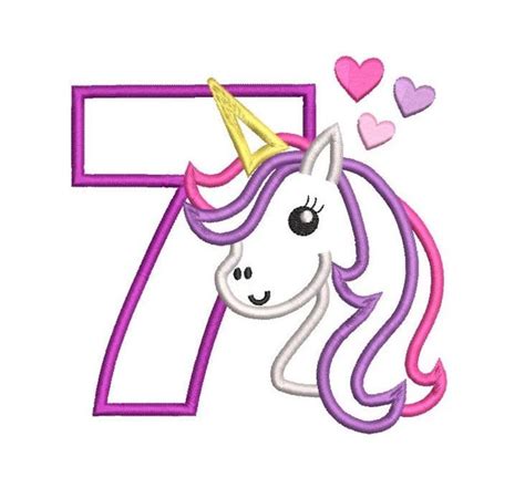 7o cumpleaños bordado Applique diseño lindo unicornio 7o cumpleaños