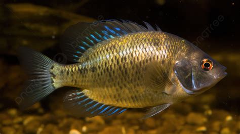 Gambar Ikan Dengan Air Biru Dan Perang Berenang Di Atas Lantai Gambar