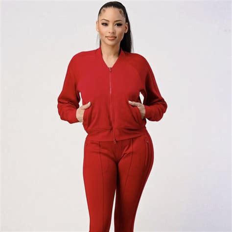 Pants And Jumpsuits Red Xlarge 2 Piece Zip Up Outfits For Women Sportswearclubweartracksuitset