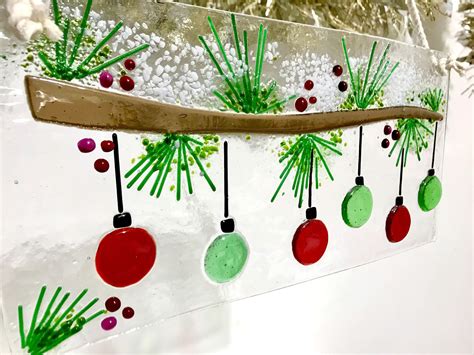 Fused Glass Snowy Bough With Ornaments By Karmabeads On Etsy Lis Glass