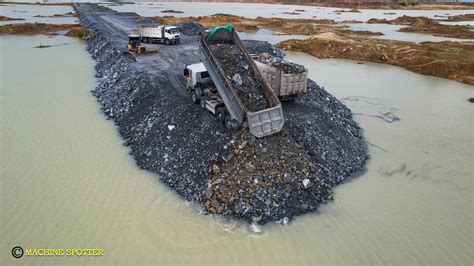 Wonderful New Road Building In Lake Bulldozer Pushing Stones With Dump