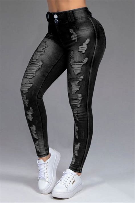 Wholesale Black Fashion Casual Solid Ripped Mid Waist Skinny Jeans