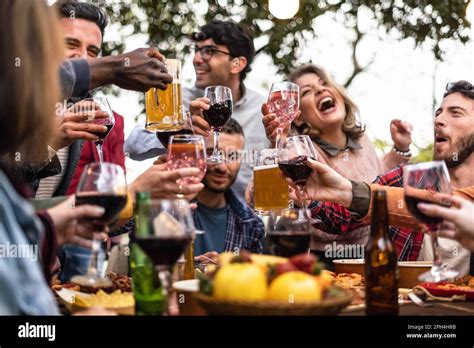 A Diverse Group Of Friends Raising Their Glasses In A Toast During A