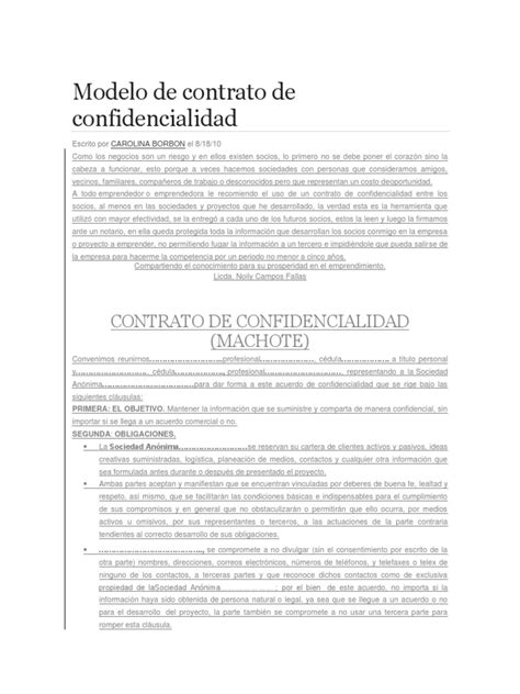 Modelo De Contrato De Confidencialidad Pdf Gobierno Negocios General