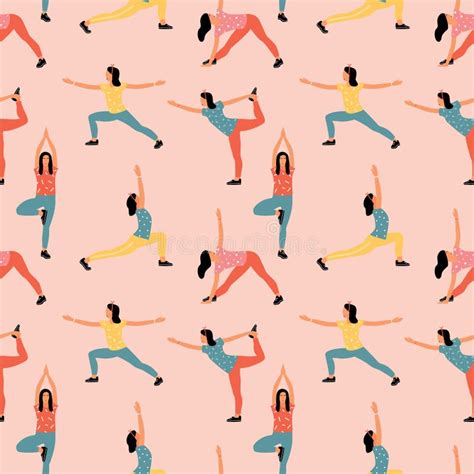 Seamless Pattern With Woman Doing Yoga At Home Illustration With