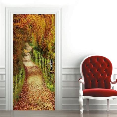 Sticker Porte Autocollant Poster De Porte 3D Chemin Forestier D Automne