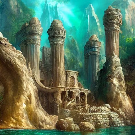 Sunken City Of Atlantis Rivendell Broken Stone Home Midjourney