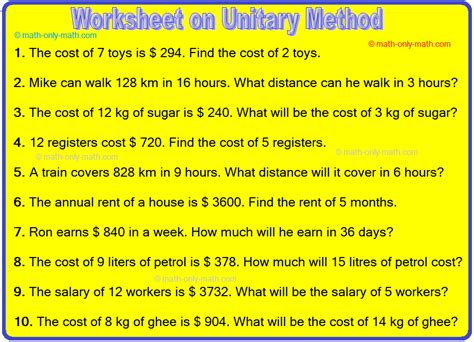 Worksheet on Unitary Method | Unitary Method Word Problems | Answers