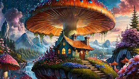 Enchanted Forest With Mushroom House And Waterfalls Stock Image Image