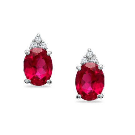 Oval Lab-Created Ruby and Diamond Top Stud Earrings in 10K White Gold | Ruby July Birthstone ...