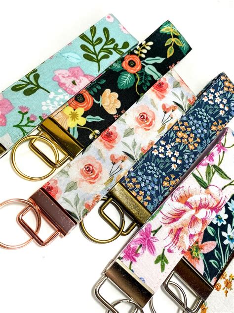 Cute Floral Key Fob Wristlet Keychain Rose Gold Floral Key Etsy