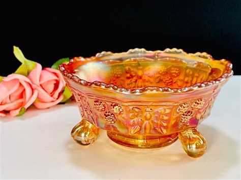 Fenton Marigold Bowl Carnival Glass Butterflies And Berry Design Small Footed Berry Bowl