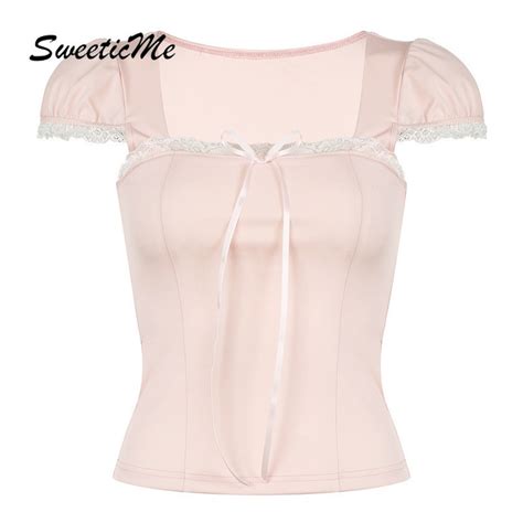 SweeticMe Women S Tops 2024 New Fashion Lace Bowknot Square Neck Short