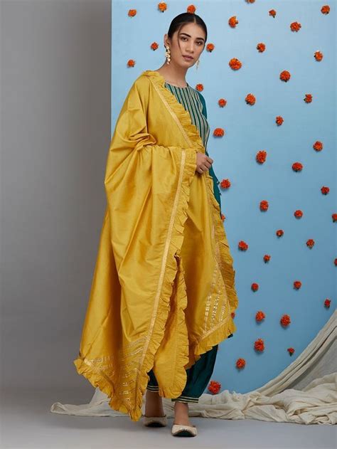 Buy Mustard Yellow Cotton Silk Asymmetric Kurta With Palazzo And Off