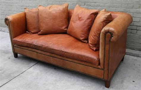 Ralph Lauren Leather Upholstered Sofa W Four Pillows Distressed