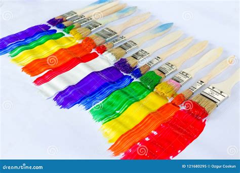 Row Of Paint Brushes With Brightly Colored Paint Stock Image Image Of