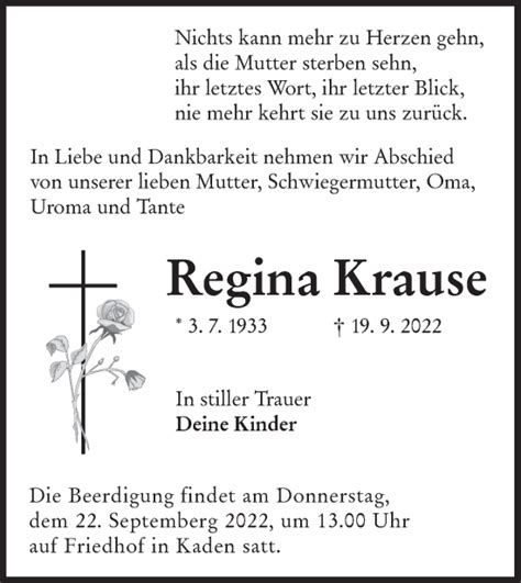 Traueranzeigen Von Regina Krause Lr Online Trauer De