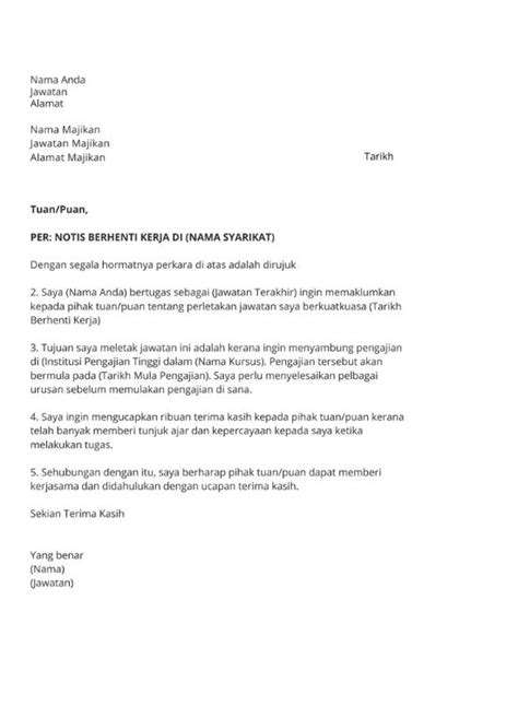 Contoh Surat Berhenti Kerja Ikut Format Rasmi Notis 24 Jam