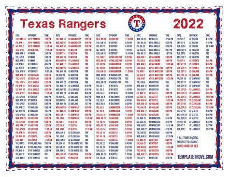 Printable 2022 Texas Rangers Schedule