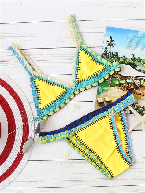 Crochet Trim Triangle Beach Bikini Set Shein Sheinside