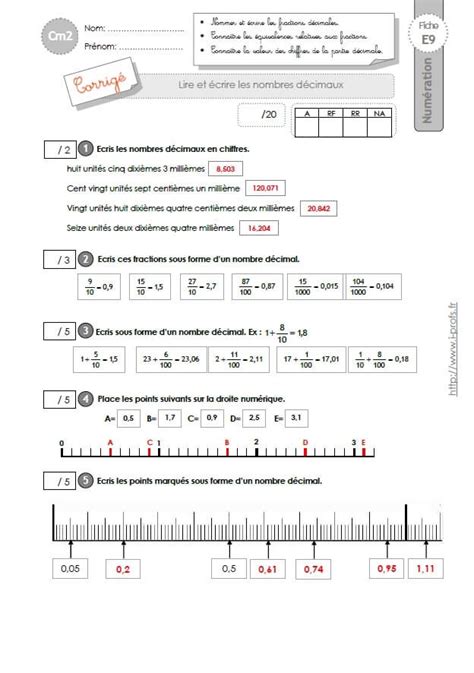 Cm Evaluation Lire Et Crire Les Nombres D Cimaux Crire Les