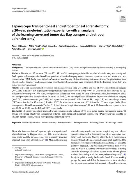 Pdf Laparoscopic Transperitoneal And Retroperitoneal Adrenalectomy A