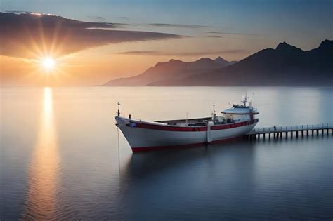 Premium Photo A Boat Is Docked At A Pier With The Sun Setting Behind It