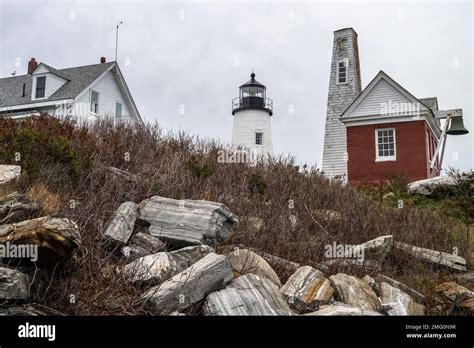 Pemaquid Point Lighthouse Taken From The Rock Shore In Maine Stock