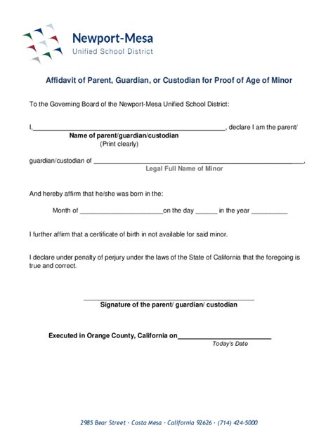 Fillable Online Affidavit Of Parent Guardian Or Custodian For Proof