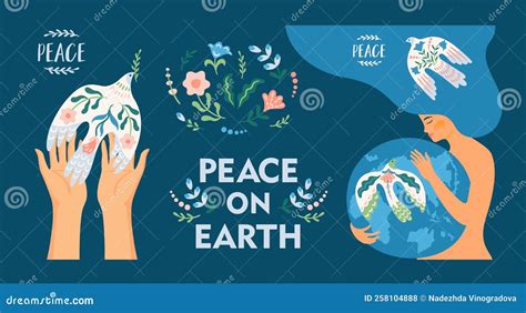 Peace On Earth Woman And Dove Of Peace Vector Set Stock Vector Illustration Of Card