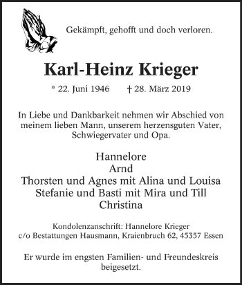 Traueranzeigen Von Karl Heinz Krieger Trauer In NRW De