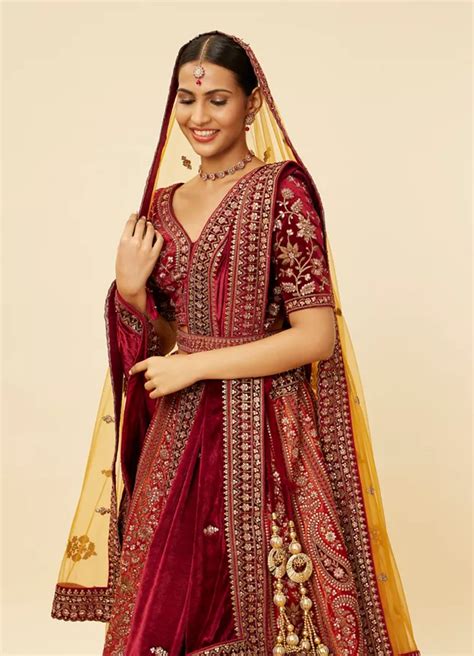 Buy Cherry Red And Sunrise Orange Rhinestone Work Bridal Lehenga Online