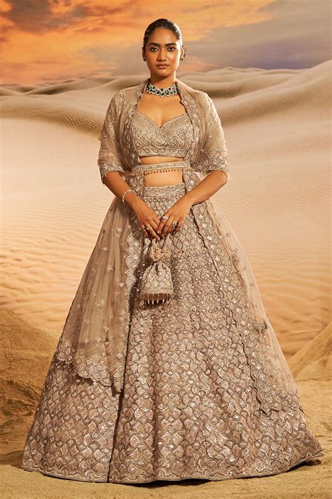 Buy Beige Organza Hand Embroidered Sequin Soleil Lehenga Blouse Set For