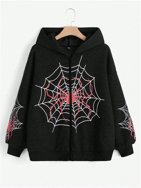 Shein Coolane Plus Spider Web Print Drop Shoulder Hoodiei Discovered