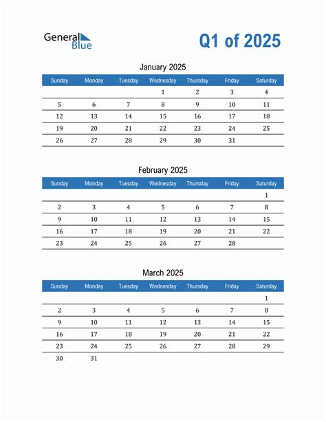 Q1 Quarterly Calendar 2025 In Pdf Word Excel