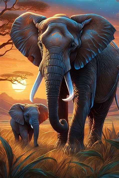 An Elephant And Its Baby Are Standing In The Grass At Sunset With Trees