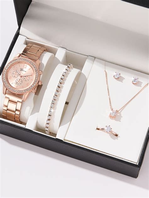 1pc Rhinestone Decor Quartz Watch 5pcs Jewelry Set