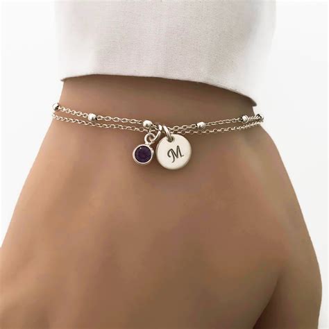 Personalized Sterling Silver Birthstone And Initial Bracelet Etsy